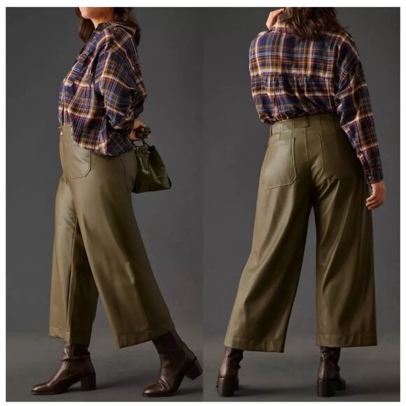Anthropologie Maeve The Colette Cropped Wide-Leg Faux Leather Pants Moss 26W - Picture 2 of 11